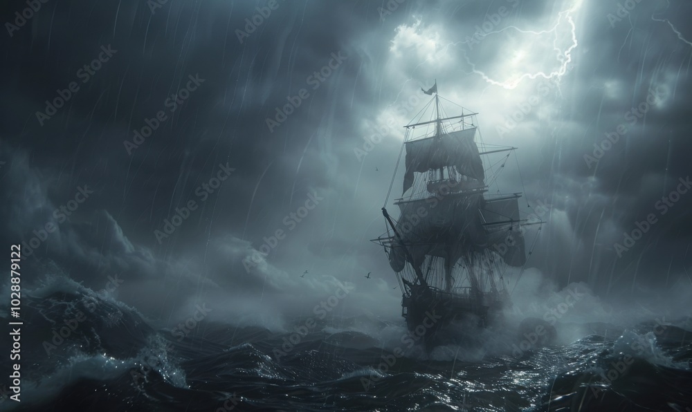 Obraz premium Brave pirate ship sailing on stormy seas, 4K hyperrealistic photo.