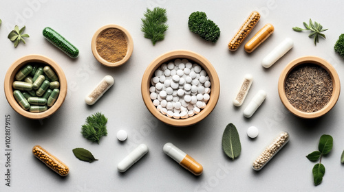 Wallpaper Mural Various herbal supplements in capsules and tablets with herbs in wooden bowls on a neutral background. Torontodigital.ca