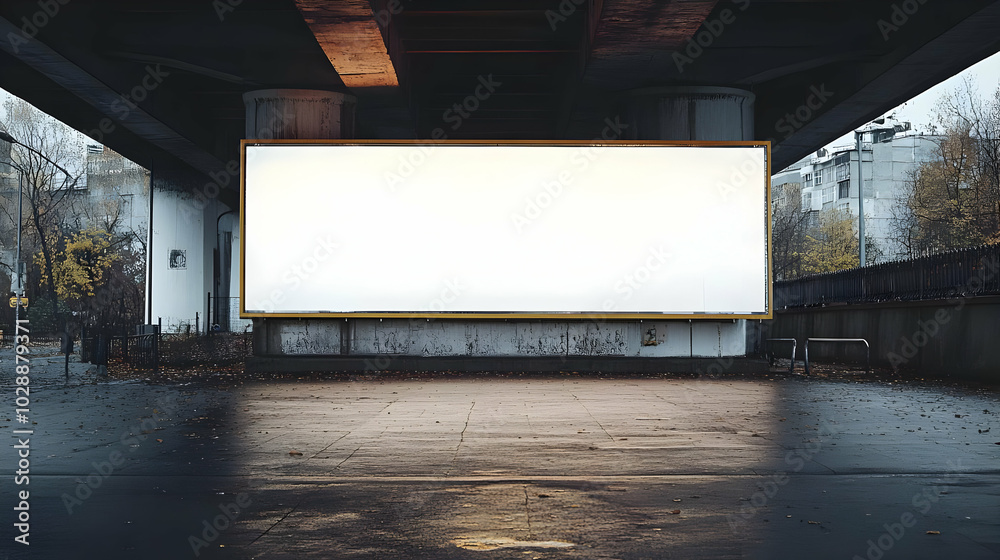 A blank billboard under an overpass in an urban setting. A blank billboard under an overpass in an urban setting.
