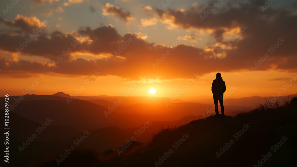Sunset Over Mountains with Silhouette of a Person Sunset Over Mountains with Silhouette of a Person