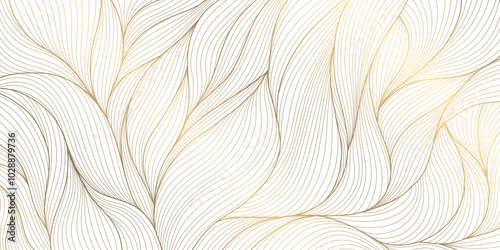 Vector art deco gold leaves pattern, line plant foliage illustration. Vintage luxury tropical ornament, jungle print