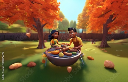 Two cartoon characters are cooking food on a grill outside in a backyard.  There are fall leaves on the ground. photo