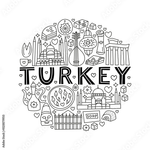 Turkey national landmarks and attractions in doodle style composed in circle shape. Welcome poster. Turkish tourism concept.