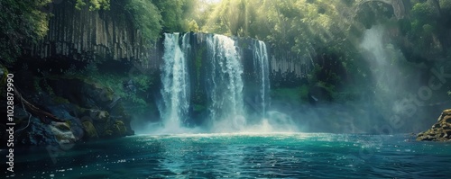 Breathtaking remote waterfall scene, 4K hyperrealistic photo