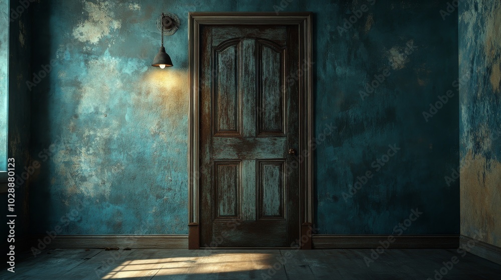 An empty scene featuring a rickety, creaky door slightly ajar with eerie light spilling through, creating an ideal product mockup space, An empty scene featuring a rickety, creaky door slightly ajar with eerie light spilling through, creating an ideal product mockup space,