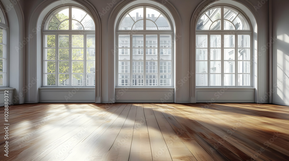 Spacious room with large windows and wooden floor, inviting light. Spacious room with large windows and wooden floor, inviting light.