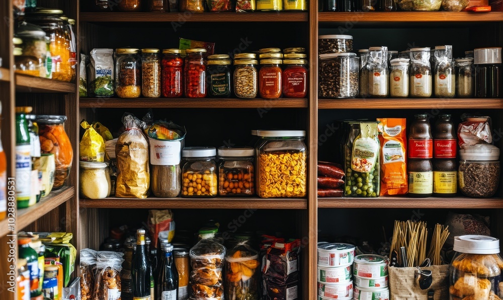 Obraz premium Organized pantry shelves filled with jars and bags.