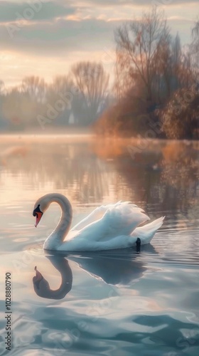 Beautiful swan swimming on a lake, 4K hyperrealistic photo