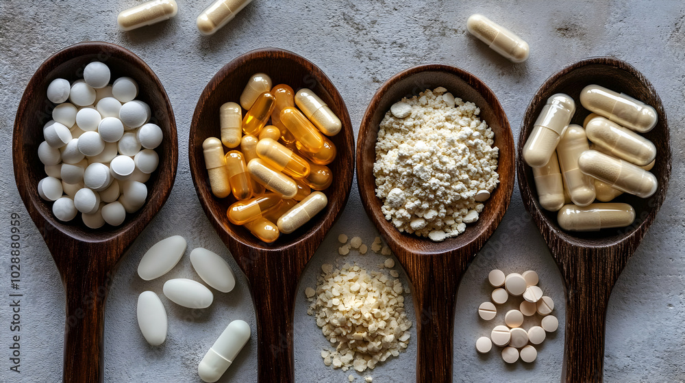 A collection of dietary supplements in wooden spoons. A collection of dietary supplements in wooden spoons.