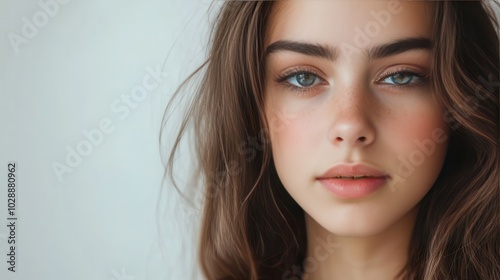 Young woman with natural makeup and long brown hair poses thoughtfully against a light background in a serene indoor setting