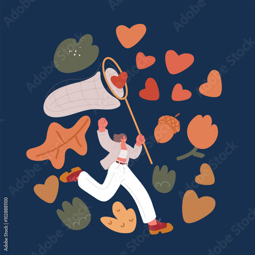 Cartoon vector illustration of a woman running with a net, joyfully catching hearts, symbolizing love, affection, and the pursuit of happiness