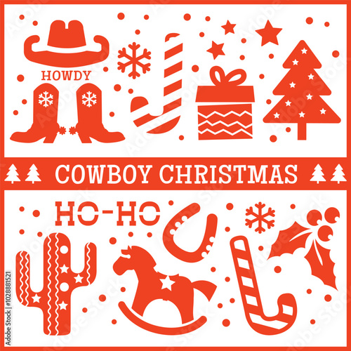 Cowboy Christmas card vector Printable illustration isolated on white background for design. Cowboy red christmas background with winter holiday decoration symbols digital Cut file