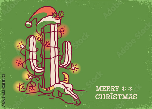 Vintage Christmas card with cactus wrapped in glowing lights and topped with a Santa hat.