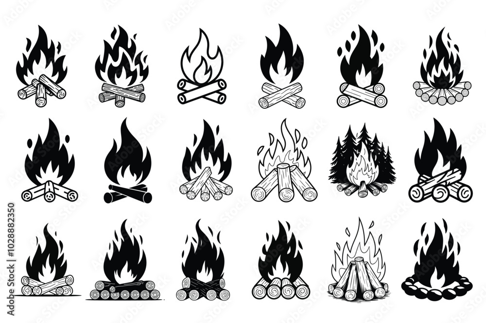 Campfire Silhouette Bundle, Bonfire Silhouette Set. Campfire Silhouette Bundle, Bonfire Silhouette Set.