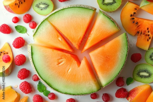 A Close-Up View of Sliced Melon, Kiwi, and Raspberries photo