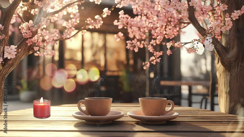 Two cup of coffee in coffee shop with cherry blossom in the street looping animation 4K Two cup of coffee in coffee shop with cherry blossom in the street looping animation 4K
