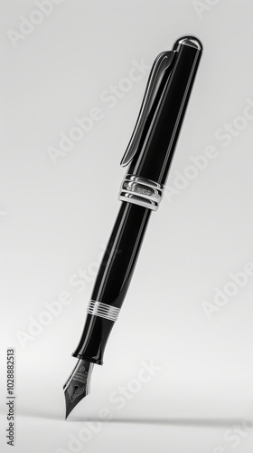 Classic black fountain pen, white background, 4K hyperrealistic photo