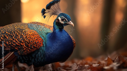 Close-up of a peacock with vibrant blue and orange feathers standing on autumn leaves with soft blurred background.
