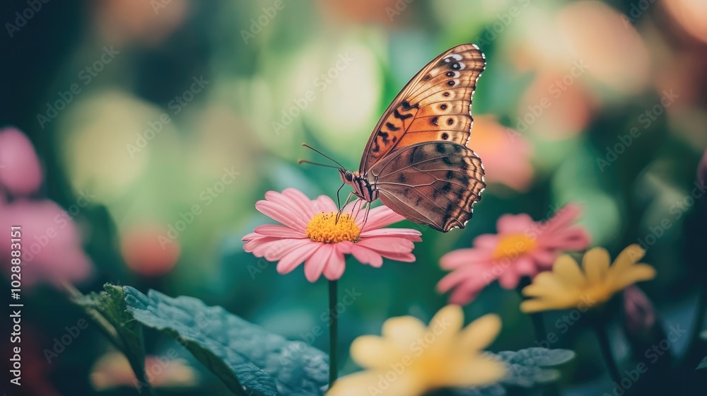 Obraz premium Bright flowers and green foliage in a vibrant garden, with a butterfly gently perched on a flower petal in soft focus, perfect for nature photography