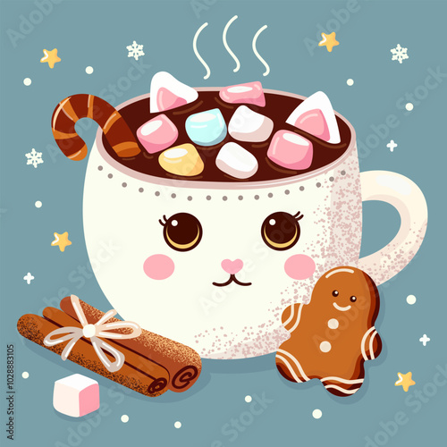 Seamless pattern of cocoa mug with marshmallow, cinnamon, gingerbread, Festive Christmas drink with sweets. Vector