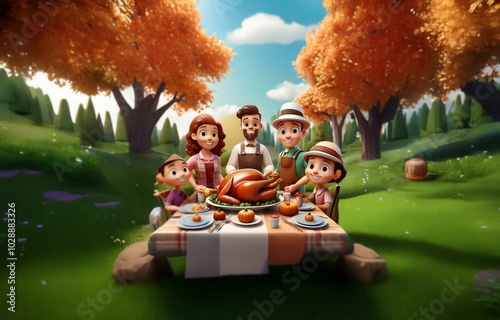 A cartoon family gathers around a table set for a meal in an autumnal forest. photo