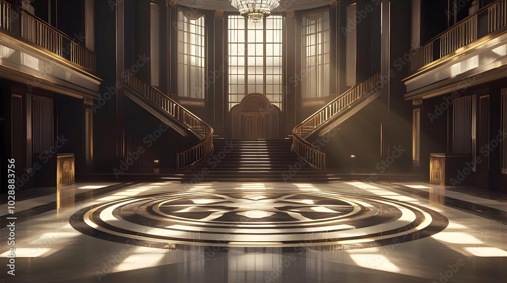 Elegant grand hall with a chandelier and sweeping staircase. Elegant grand hall with a chandelier and sweeping staircase.