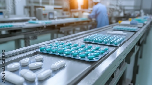 Pharmaceutical factory interior with medication on conveyor, showcasing production process in a modern facility.