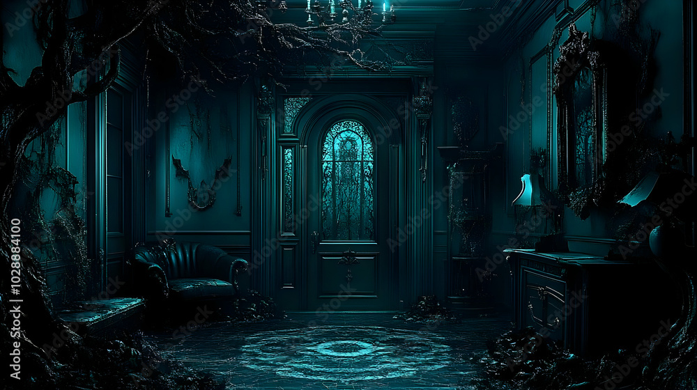 A dark, atmospheric room with eerie decor and twisted elements. A dark, atmospheric room with eerie decor and twisted elements.