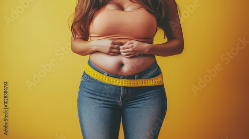 Obes woman with fat upset about her belly. Fat woman worried weight diet lifestyle. Woman diet concepts. Generative AI Illustration. photo