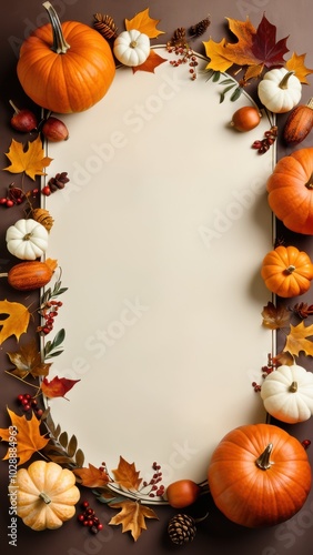 Fall border with pumpkins, pinecones, and colorful leaves on a blank background, ideal for autumn-themed invitations