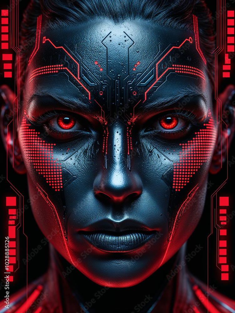 Futuristic Cyberpunk Portrait of Female cyborg with Glowing Red Eyes ...