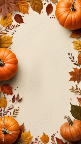 Fall border with pumpkins, pinecones, and colorful leaves on a blank background, ideal for autumn-themed invitations