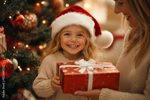 Happy family exchanging Christmas gifts. Happy kid in Christmas time.