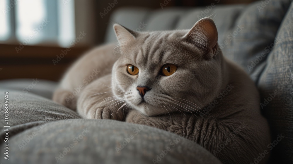 A gray cat with bright yellow eyes rests its head on a couch cushion, looking off to the side. A gray cat with bright yellow eyes rests its head on a couch cushion, looking off to the side.