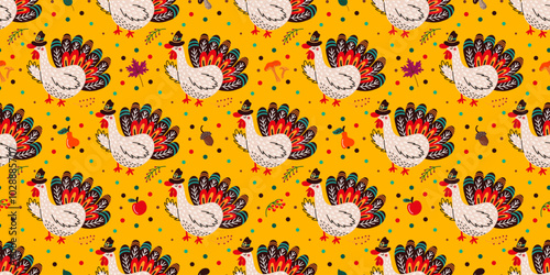 Thanksgiving turkey and fall leaves forming seamless pattern