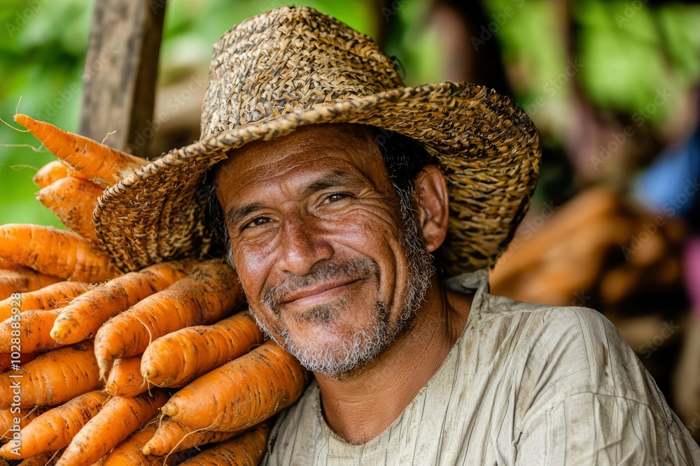 Fototapeta premium Portrait of a Man Wearing a Straw Hat and Holding Carrots