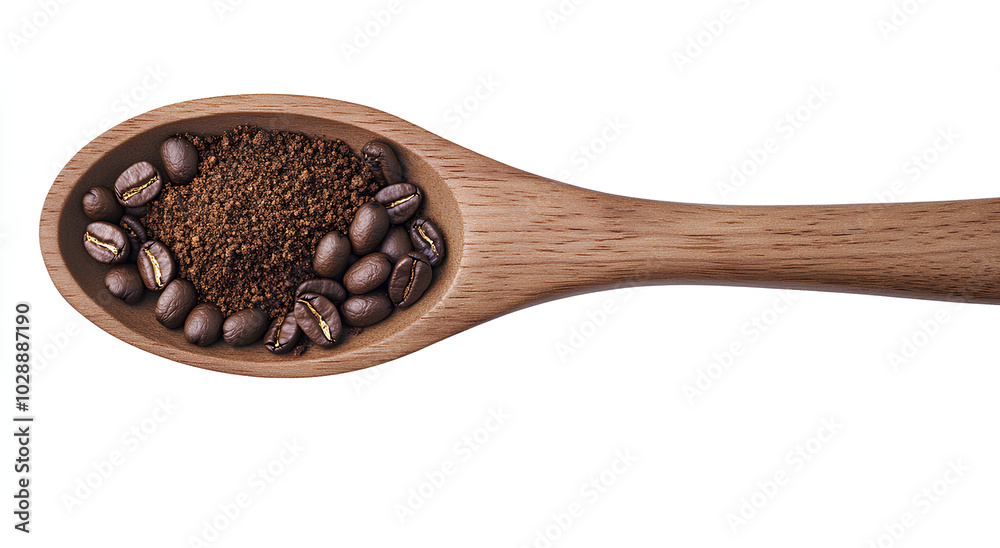 A close-up of a wooden spoon filled with coffee beans and ground coffee. A close-up of a wooden spoon filled with coffee beans and ground coffee.
