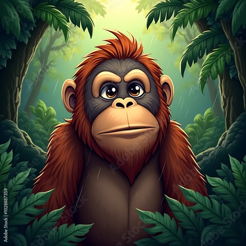 Thoughtful orangutan feeling sad in a lush rainforest with gentle rain photo