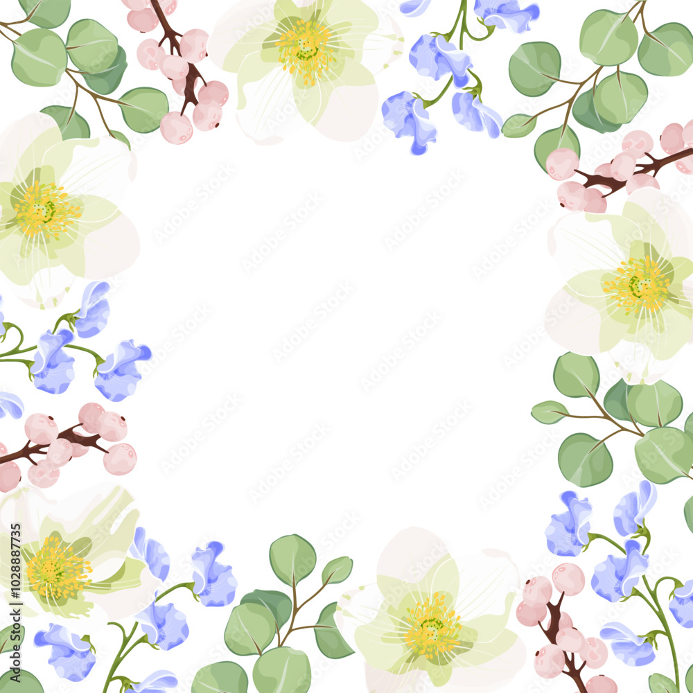 Spring floral vector frame for wedding invitations, banners, or greeting cards. Features white anemones, blue sweet pea flowers, pink berries, and eucalyptus. Ideal for festive events. Spring floral vector frame for wedding invitations, banners, or greeting cards. Features white anemones, blue sweet pea flowers, pink berries, and eucalyptus. Ideal for festive events.
