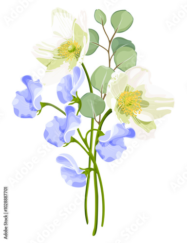 Vector illustration of a spring floral arrangement featuring white anemone, blue sweet peas, eucalyptus leaves, and pink berries. Perfect for invitations, banners, or greeting cards.