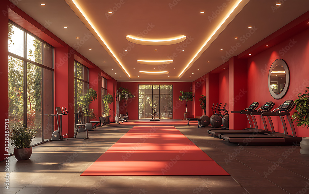 Dynamic Fitness Hub: Modern Gym with Red Decor & Equipment Dynamic Fitness Hub: Modern Gym with Red Decor & Equipment