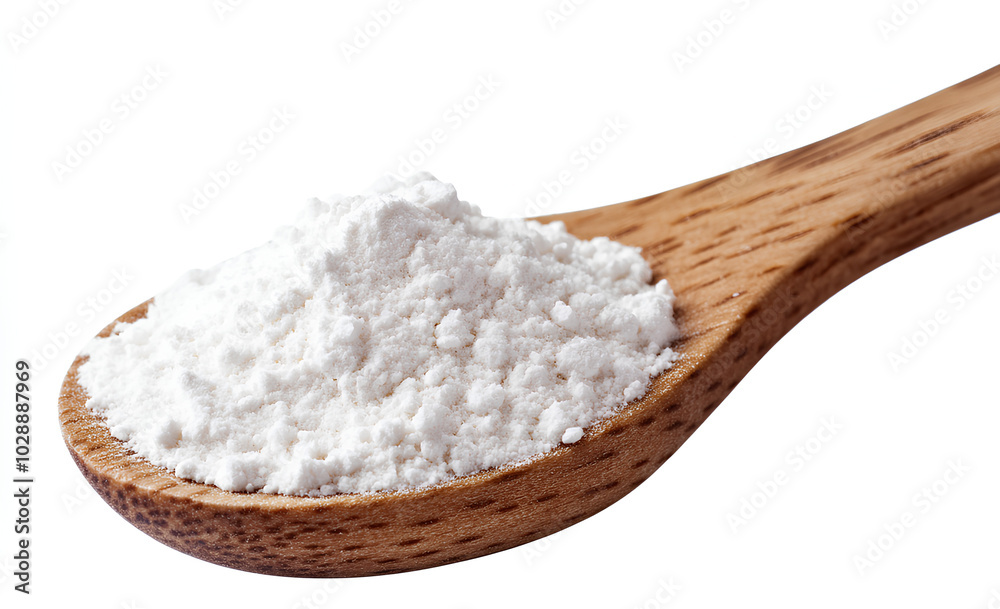 A close-up image of white powder in a wooden spoon, likely flour. A close-up image of white powder in a wooden spoon, likely flour.