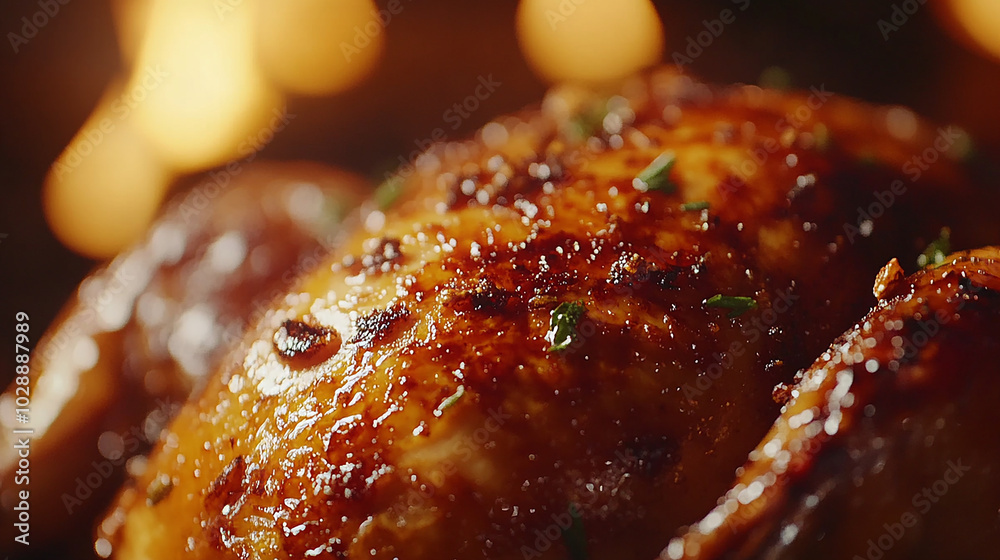 Close-up of a well-roasted chicken with crispy skin Close-up of a well-roasted chicken with crispy skin