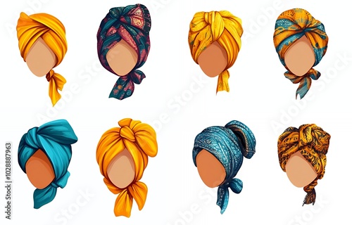 Eight colorful headwraps in various styles. photo