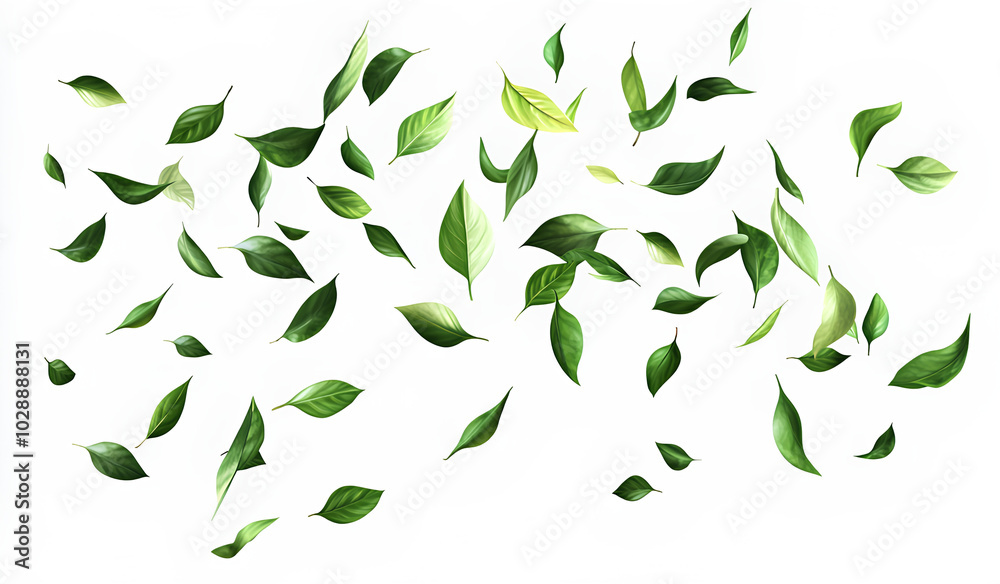 A digital illustration of green leaves falling against a white background. A digital illustration of green leaves falling against a white background.