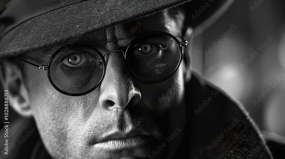 Intense Black and White Portrait of a Man in Glasses and a Hat Intense Black and White Portrait of a Man in Glasses and a Hat