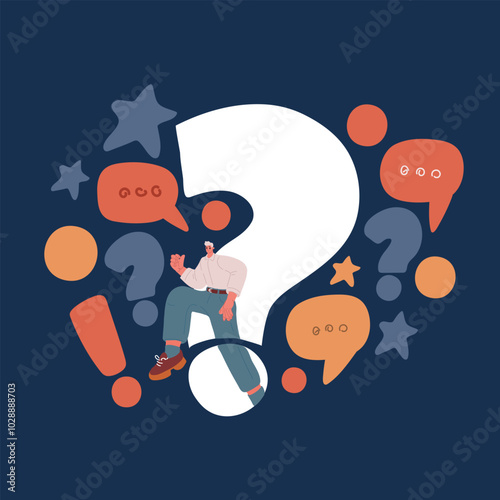 Cartoon vector illustration of a man stepping out of a door shaped like a question mark