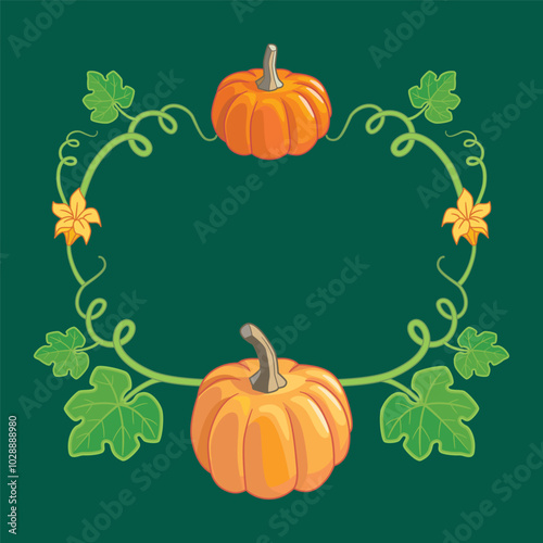 Decorative frame of ripe pumpkins with leaves and flowers. Vector illustration for Thanksgiving Day