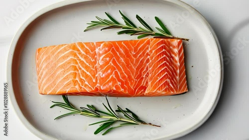 Fresh Raw Salmon Fillet with Two Sprigs of Rosemary on Elegant White Plate - Minimalist Food Art for Health and Culinary Blogs