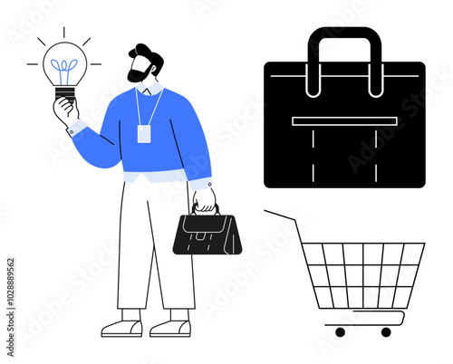 Person holding a light bulb and briefcase emphasizes business ideas. Briefcase and shopping cart reinforce business themes. Ideal for business, innovation, entrepreneurship, shopping, and commerce